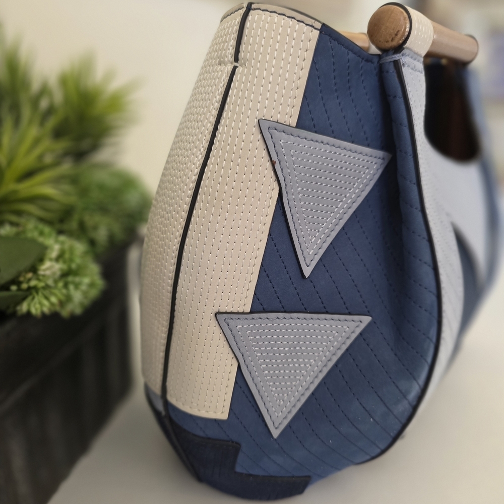 Tory Burch Rare Suede Patchwork Tote Wood Handle Navy Colorblock Pouch Crossbody - Picture 4 of 13